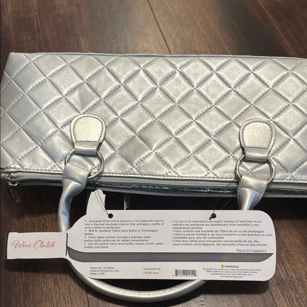 Quilted Silver Insulated Wine Clutch Purse Bag NWT